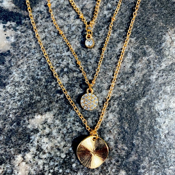 3 Layer Gold Pendant Necklace with Rhinestones - Picture 3 of 5